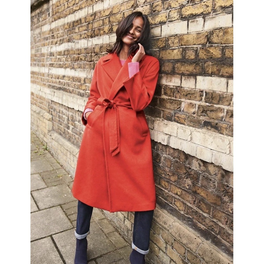 Boden Lindfield Wrap Coat Red Wool Blend Long Midi Open Tie Coat US 10 UK 14 R